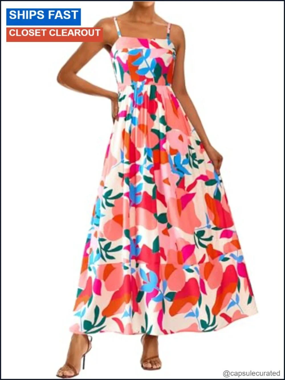 Boho Floral Striped Summer Maxi Dress Spaghetti Strap Viscose